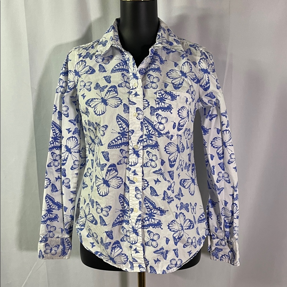 Gap Purple & White Butterfly Print Fitted Boyfriend Button Down Shirt